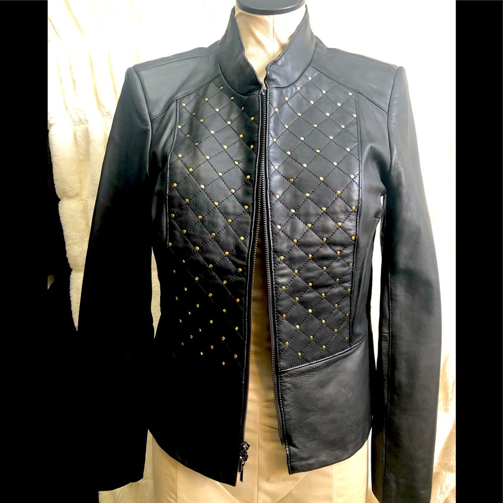 WHBM black leather and gold studded jacket size Medium